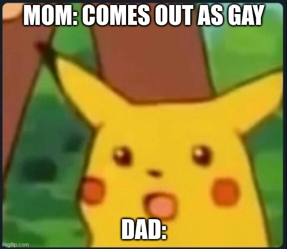 Surprised Pikachu | MOM: COMES OUT AS GAY; DAD: | image tagged in surprised pikachu,memes,funny memes,funny,gay,parents | made w/ Imgflip meme maker