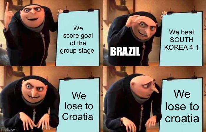 Gru's Plan | We score goal of the group stage; We beat SOUTH KOREA 4-1; BRAZIL; We lose to Croatia; We lose to croatia | image tagged in memes,gru's plan | made w/ Imgflip meme maker