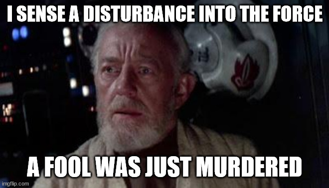 Disturbance in the force | I SENSE A DISTURBANCE INTO THE FORCE A FOOL WAS JUST MURDERED | image tagged in disturbance in the force | made w/ Imgflip meme maker