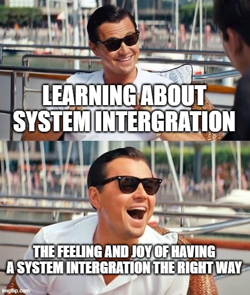 Leonardo Dicaprio Wolf Of Wall Street Meme | LEARNING ABOUT SYSTEM INTERGRATION; THE FEELING AND JOY OF HAVING A SYSTEM INTERGRATION THE RIGHT WAY | image tagged in memes,leonardo dicaprio wolf of wall street | made w/ Imgflip meme maker