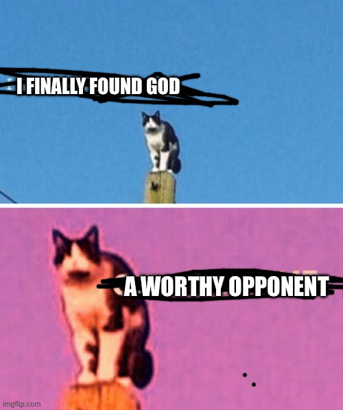 i see no god up here | I FINALLY FOUND GOD A WORTHY OPPONENT | image tagged in i see no god up here | made w/ Imgflip meme maker