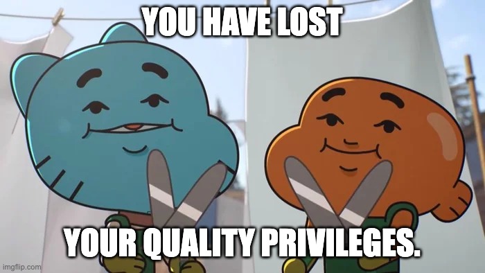 lost privileges | YOU HAVE LOST YOUR QUALITY PRIVILEGES. | image tagged in lost privileges | made w/ Imgflip meme maker