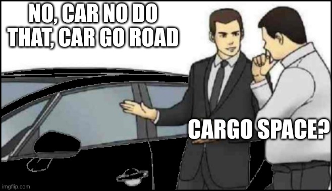 1350 car slap | NO, CAR NO DO THAT, CAR GO ROAD; CARGO SPACE? | image tagged in 1350 car slap | made w/ Imgflip meme maker