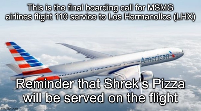 American Airlines Jet | This is the final boarding call for MSMG airlines flight 110 service to Los Hermanollos (LHX); Reminder that Shrek’s Pizza will be served on the flight | image tagged in american airlines jet | made w/ Imgflip meme maker