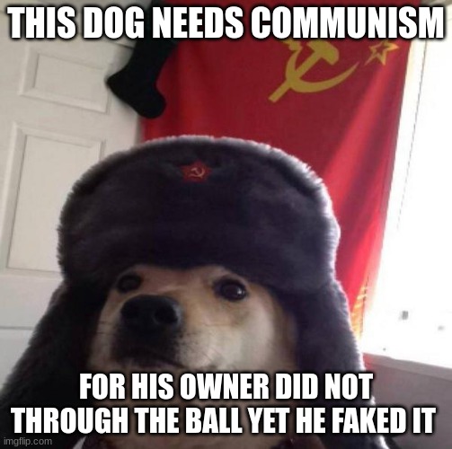 Russian Doge | THIS DOG NEEDS COMMUNISM; FOR HIS OWNER DID NOT THROUGH THE BALL YET HE FAKED IT | image tagged in russian doge | made w/ Imgflip meme maker