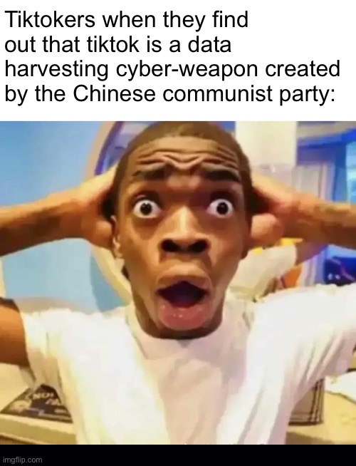 Shocked black guy | Tiktokers when they find out that tiktok is a data harvesting cyber-weapon created by the Chinese communist party: | image tagged in shocked black guy,funny memes,memes | made w/ Imgflip meme maker