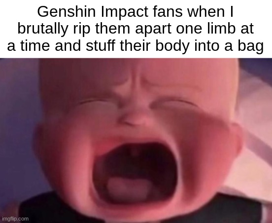 when | Genshin Impact fans when I brutally rip them apart one limb at a time and stuff their body into a bag | image tagged in boss baby crying | made w/ Imgflip meme maker