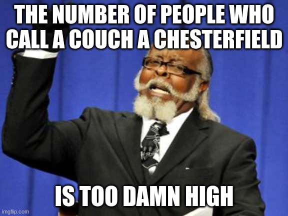 its true | THE NUMBER OF PEOPLE WHO CALL A COUCH A CHESTERFIELD; IS TOO DAMN HIGH | image tagged in memes,too damn high | made w/ Imgflip meme maker