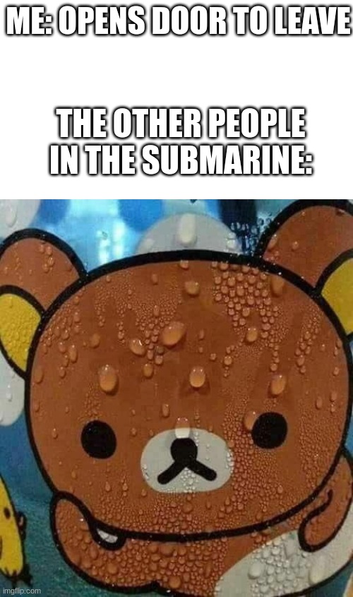 Sweat Bear | ME: OPENS DOOR TO LEAVE; THE OTHER PEOPLE IN THE SUBMARINE: | image tagged in bears,when you leave,the,sumbmarine,door open,i tried to make a long tag but max 64 characters | made w/ Imgflip meme maker