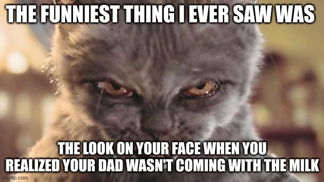Evil Cat | THE FUNNIEST THING I EVER SAW WAS; THE LOOK ON YOUR FACE WHEN YOU REALIZED YOUR DAD WASN'T COMING WITH THE MILK | image tagged in evil cat | made w/ Imgflip meme maker