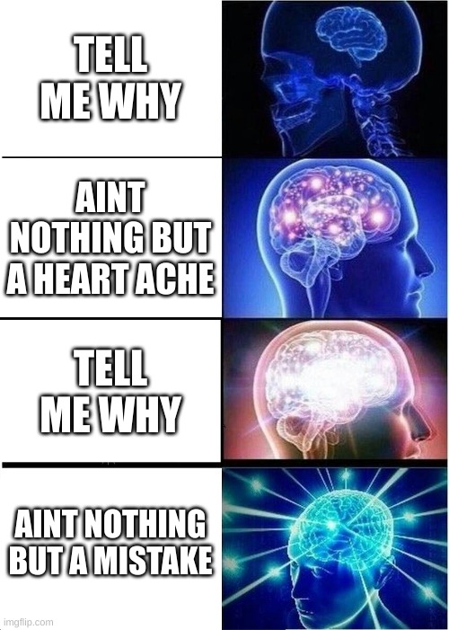 songs makes you smarter | TELL ME WHY; AINT NOTHING BUT A HEART ACHE; TELL ME WHY; AINT NOTHING BUT A MISTAKE | image tagged in memes,expanding brain | made w/ Imgflip meme maker