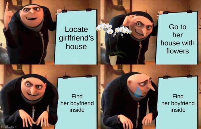 Gru's Plan | Locate girlfriend's house; Go to her house with flowers; Find her boyfriend inside; Find her boyfriend inside | image tagged in memes,gru's plan | made w/ Imgflip meme maker