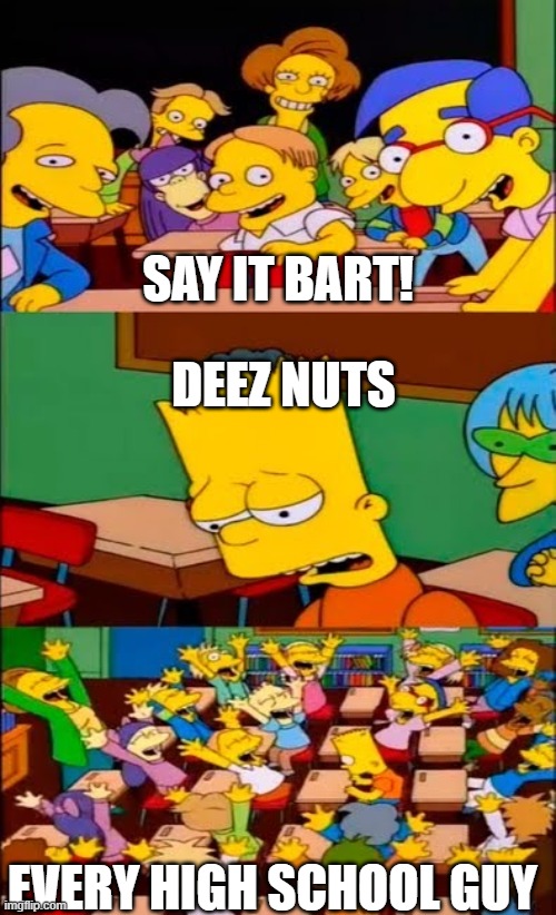 High School | SAY IT BART! DEEZ NUTS; EVERY HIGH SCHOOL GUY | image tagged in say the line bart simpsons,memes,deez nutz,high school | made w/ Imgflip meme maker