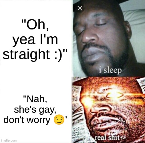 My little Pansexual a$$ | "Oh, yea I'm straight :)"; "Nah, she's gay, don't worry 😏' | image tagged in memes,sleeping shaq,gay | made w/ Imgflip meme maker