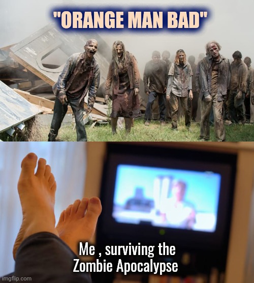 They need brains ! | "ORANGE MAN BAD"; Me , surviving the
Zombie Apocalypse | image tagged in zombie apocalypse,trump derangement syndrome,mental illness,libtards,personality disorders,liberal hypocrisy | made w/ Imgflip meme maker