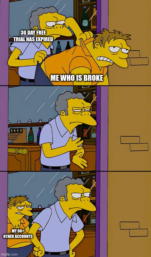 free trial over | 30 DAY FREE TRIAL HAS EXPIRED; ME WHO IS BROKE; MY 80+ OTHER ACCOUNTS | image tagged in kicking out simpsons | made w/ Imgflip meme maker