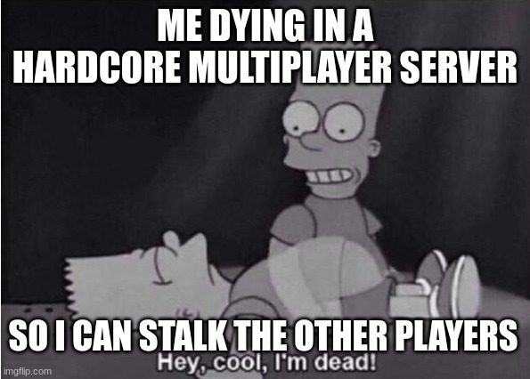 dead in minecraft | ME DYING IN A HARDCORE MULTIPLAYER SERVER; SO I CAN STALK THE OTHER PLAYERS | image tagged in hey cool i'm dead | made w/ Imgflip meme maker