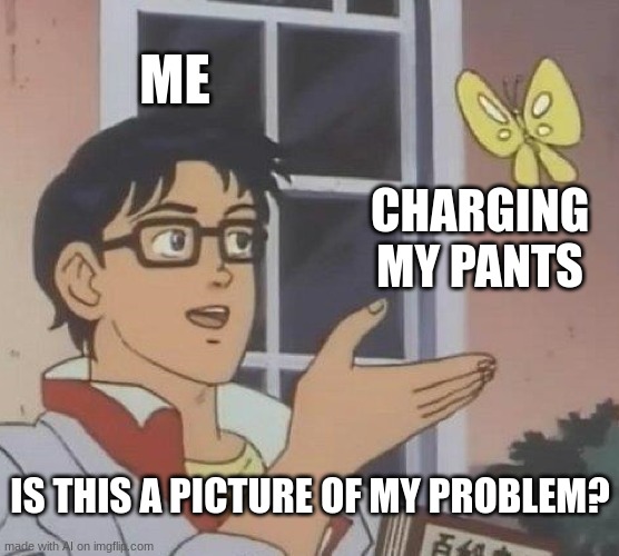 how do you charge your pants? | ME; CHARGING MY PANTS; IS THIS A PICTURE OF MY PROBLEM? | image tagged in memes,is this a pigeon,what happened here | made w/ Imgflip meme maker