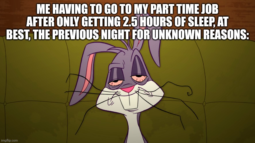 This is me right now. I'm doing my best to be professional. | ME HAVING TO GO TO MY PART TIME JOB AFTER ONLY GETTING 2.5 HOURS OF SLEEP, AT BEST, THE PREVIOUS NIGHT FOR UNKNOWN REASONS: | image tagged in tired bugs bunny,work,the truth,tired,sleep | made w/ Imgflip meme maker