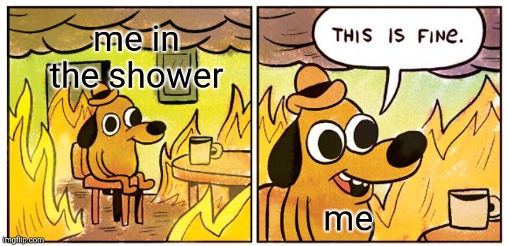 anybody else turn up the water in the shower so hot that it feels like ur gonna burn urself? I can't be the only one | me in the shower; me | image tagged in memes,this is fine,shower | made w/ Imgflip meme maker