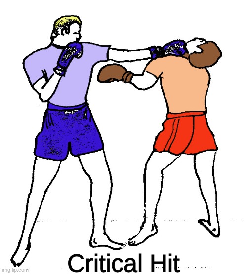 Blue boxer knocks out red boxer | Critical Hit | image tagged in blue boxer knocks out red boxer | made w/ Imgflip meme maker