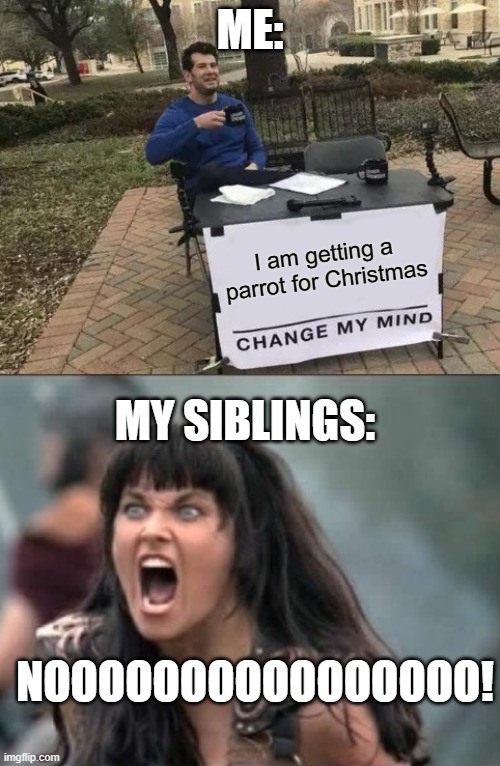 I AM getting a parrot for Christmas | ME:; I am getting a parrot for Christmas; MY SIBLINGS:; NOOOOOOOOOOOOOOOO! | image tagged in memes,change my mind,nooooooo | made w/ Imgflip meme maker