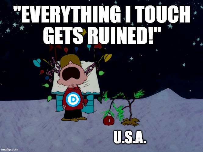 Merry Christmas! | "EVERYTHING I TOUCH
GETS RUINED!"; U.S.A. | image tagged in charlie brown,christmas,democrats | made w/ Imgflip meme maker