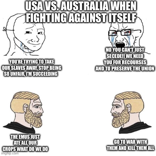 America vs. Australia | USA VS. AUSTRALIA WHEN FIGHTING AGAINST ITSELF; NO YOU CAN’T JUST SECEDE!! WE NEED YOU FOR RECOURSES AND TO PRESERVE THE UNION; YOU’RE TRYING TO TAKE OUR SLAVES AWAY, STOP BEING SO UNFAIR, I’M SUCCEEDING; THE EMUS JUST ATE ALL OUR CROPS WHAT DO WE DO; GO TO WAR WITH THEM AND KILL THEM ALL | image tagged in soyjak vs chad meme template | made w/ Imgflip meme maker