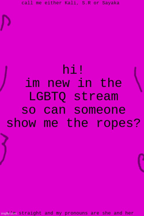 call me either Kali, S.R or Sayaka; hi!
im new in the
LGBTQ stream
so can someone
show me the ropes? i'm straight and my pronouns are she and her | made w/ Imgflip meme maker