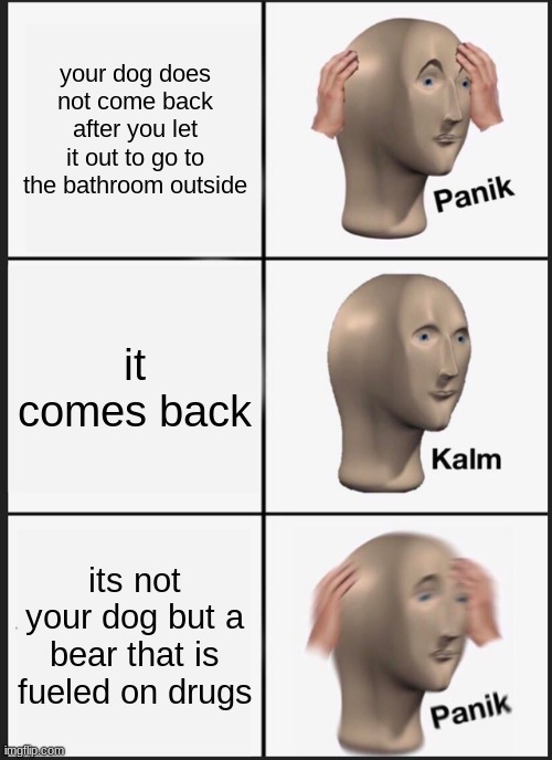 Panik Kalm Panik |  your dog does not come back after you let it out to go to the bathroom outside; it comes back; its not your dog but a bear that is fueled on drugs | image tagged in memes,panik kalm panik | made w/ Imgflip meme maker