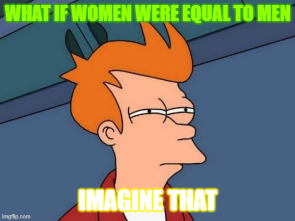 Futurama Fry | WHAT IF WOMEN WERE EQUAL TO MEN; IMAGINE THAT | image tagged in memes,futurama fry | made w/ Imgflip meme maker