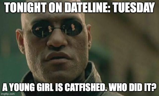 Matrix Morpheus | TONIGHT ON DATELINE: TUESDAY; A YOUNG GIRL IS CATFISHED. WHO DID IT? | image tagged in memes,matrix morpheus | made w/ Imgflip meme maker