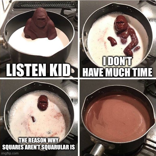 chocolate gorilla | LISTEN KID; I DON’T HAVE MUCH TIME; THE REASON WHY SQUARES AREN’T SQUARULAR IS | image tagged in chocolate gorilla | made w/ Imgflip meme maker