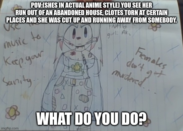 POV:(SHES IN ACTUAL ANIME STYLE) YOU SEE HER RUN OUT OF AN ABANDONED HOUSE, CLOTES TORN AT CERTAIN PLACES AND SHE WAS CUT UP AND RUNNING AWAY FROM SOMEBODY. WHAT DO YOU DO? | made w/ Imgflip meme maker