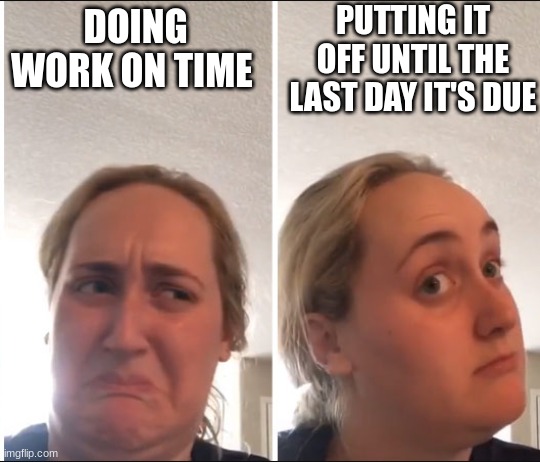 work | PUTTING IT OFF UNTIL THE LAST DAY IT'S DUE; DOING WORK ON TIME | image tagged in kombucha girl | made w/ Imgflip meme maker