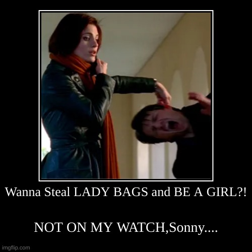 wanna steal bags and dress like a girl? | image tagged in funny,demotivationals | made w/ Imgflip demotivational maker