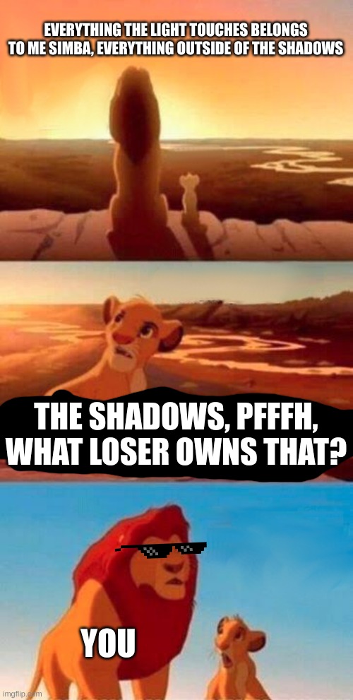 Simba Shadowy Place Meme | EVERYTHING THE LIGHT TOUCHES BELONGS TO ME SIMBA, EVERYTHING OUTSIDE OF THE SHADOWS; THE SHADOWS, PFFFH, WHAT LOSER OWNS THAT? YOU | image tagged in memes,simba shadowy place | made w/ Imgflip meme maker