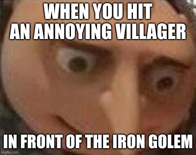 gru meme | WHEN YOU HIT AN ANNOYING VILLAGER; IN FRONT OF THE IRON GOLEM | image tagged in gru meme | made w/ Imgflip meme maker