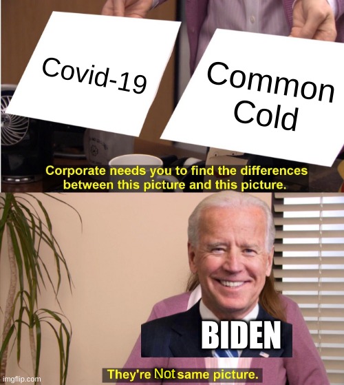 They're The Same Picture Meme | Covid-19; Common Cold; BIDEN; Not | image tagged in memes,they're the same picture | made w/ Imgflip meme maker