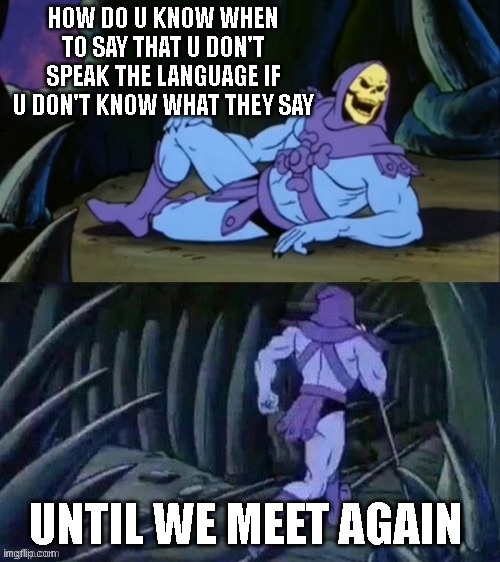 Skeletor disturbing facts | HOW DO U KNOW WHEN TO SAY THAT U DON'T SPEAK THE LANGUAGE IF U DON'T KNOW WHAT THEY SAY; UNTIL WE MEET AGAIN | image tagged in skeletor disturbing facts | made w/ Imgflip meme maker