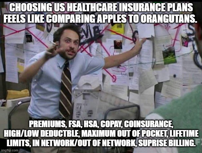 Trying to explain | CHOOSING US HEALTHCARE INSURANCE PLANS FEELS LIKE COMPARING APPLES TO ORANGUTANS. PREMIUMS, FSA, HSA, COPAY, COINSURANCE, HIGH/LOW DEDUCTBLE, MAXIMUM OUT OF POCKET, LIFETIME LIMITS, IN NETWORK/OUT OF NETWORK, SUPRISE BILLING. | image tagged in trying to explain | made w/ Imgflip meme maker