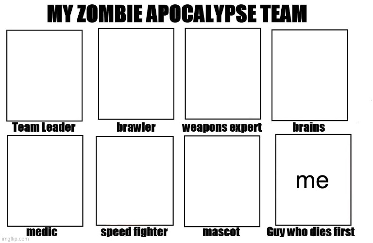 My Zombie Apocalypse Team | me | image tagged in my zombie apocalypse team | made w/ Imgflip meme maker