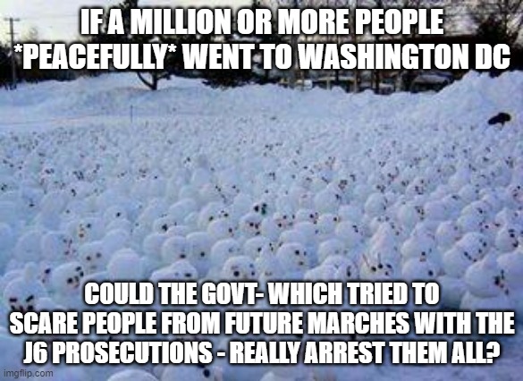 just a thought experiment | IF A MILLION OR MORE PEOPLE *PEACEFULLY* WENT TO WASHINGTON DC; COULD THE GOVT- WHICH TRIED TO SCARE PEOPLE FROM FUTURE MARCHES WITH THE J6 PROSECUTIONS - REALLY ARREST THEM ALL? | image tagged in million snowman march | made w/ Imgflip meme maker