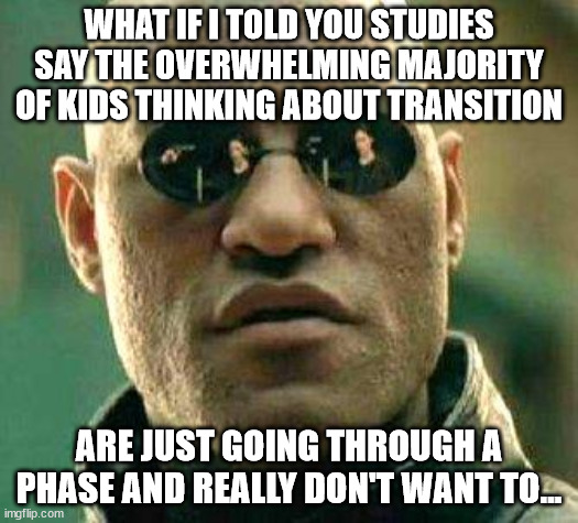 Hey Biden... leave those kids alone! | WHAT IF I TOLD YOU STUDIES SAY THE OVERWHELMING MAJORITY OF KIDS THINKING ABOUT TRANSITION; ARE JUST GOING THROUGH A PHASE AND REALLY DON'T WANT TO... | image tagged in what if i told you | made w/ Imgflip meme maker