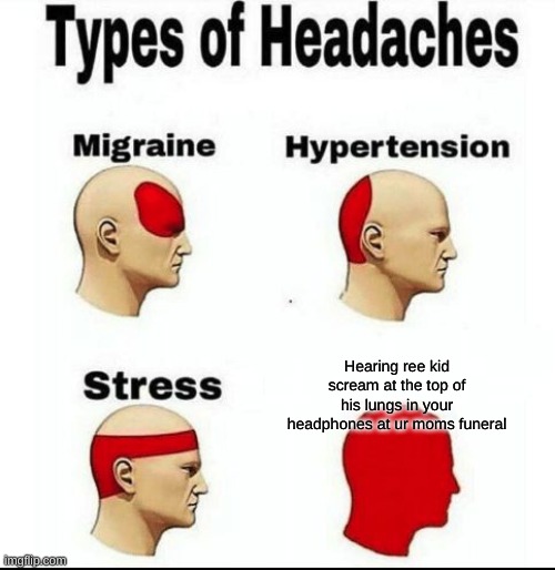 Types of Headaches meme | Hearing ree kid scream at the top of his lungs in your headphones at ur moms funeral | image tagged in types of headaches meme | made w/ Imgflip meme maker