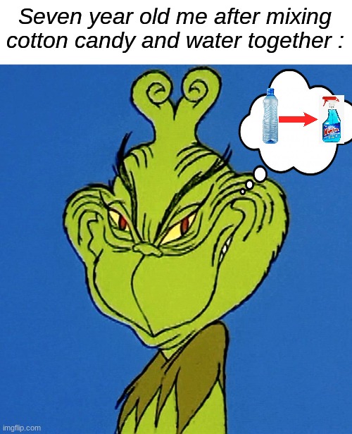 Relatable? | Seven year old me after mixing cotton candy and water together : | image tagged in grinch smile,fun,cotton candy,water | made w/ Imgflip meme maker