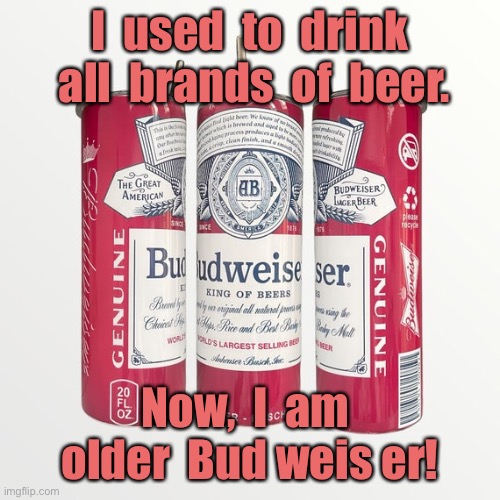 Older Bud weiser | I  used  to  drink  all  brands  of  beer. Now,  I  am  older  Bud weis er! | image tagged in budweiser tins,i drank all beers,i am older,budweiser,dark humour | made w/ Imgflip meme maker