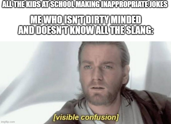 Me very confused | ALL THE KIDS AT SCHOOL MAKING INAPPROPRIATE JOKES; ME WHO ISN'T DIRTY MINDED AND DOESN'T KNOW ALL THE SLANG: | image tagged in visible confusion | made w/ Imgflip meme maker