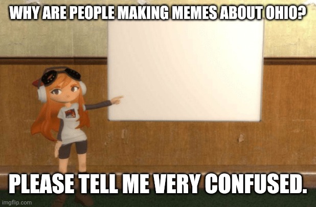 Why is Ohio the meme topic now? | WHY ARE PEOPLE MAKING MEMES ABOUT OHIO? PLEASE TELL ME VERY CONFUSED. | image tagged in smg4s meggy pointing at board | made w/ Imgflip meme maker