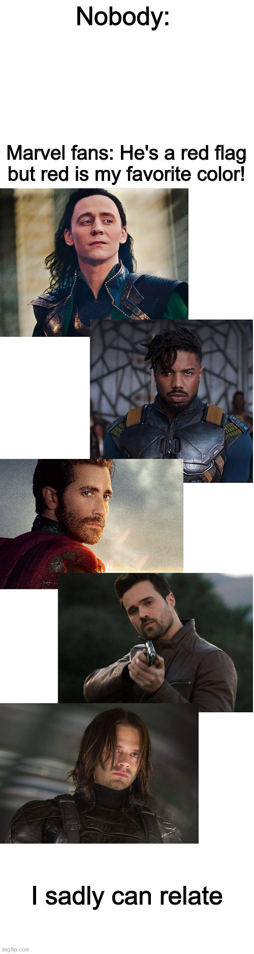 I know there are others | Nobody:; Marvel fans: He's a red flag but red is my favorite color! I sadly can relate | image tagged in blank white template,loki,winter soldier | made w/ Imgflip meme maker